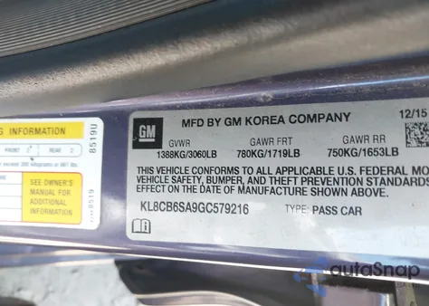 2016 Chevrolet Spark Ls Cvt из США, поврежденный, VIN KL8CB6SA9GC579216